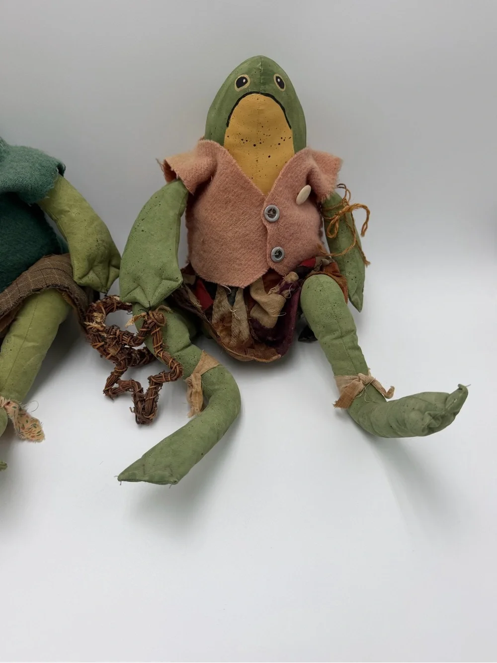 Vintage Pair of Handmade Folk Art Anthropomorphic Frogs Dolls Primitive